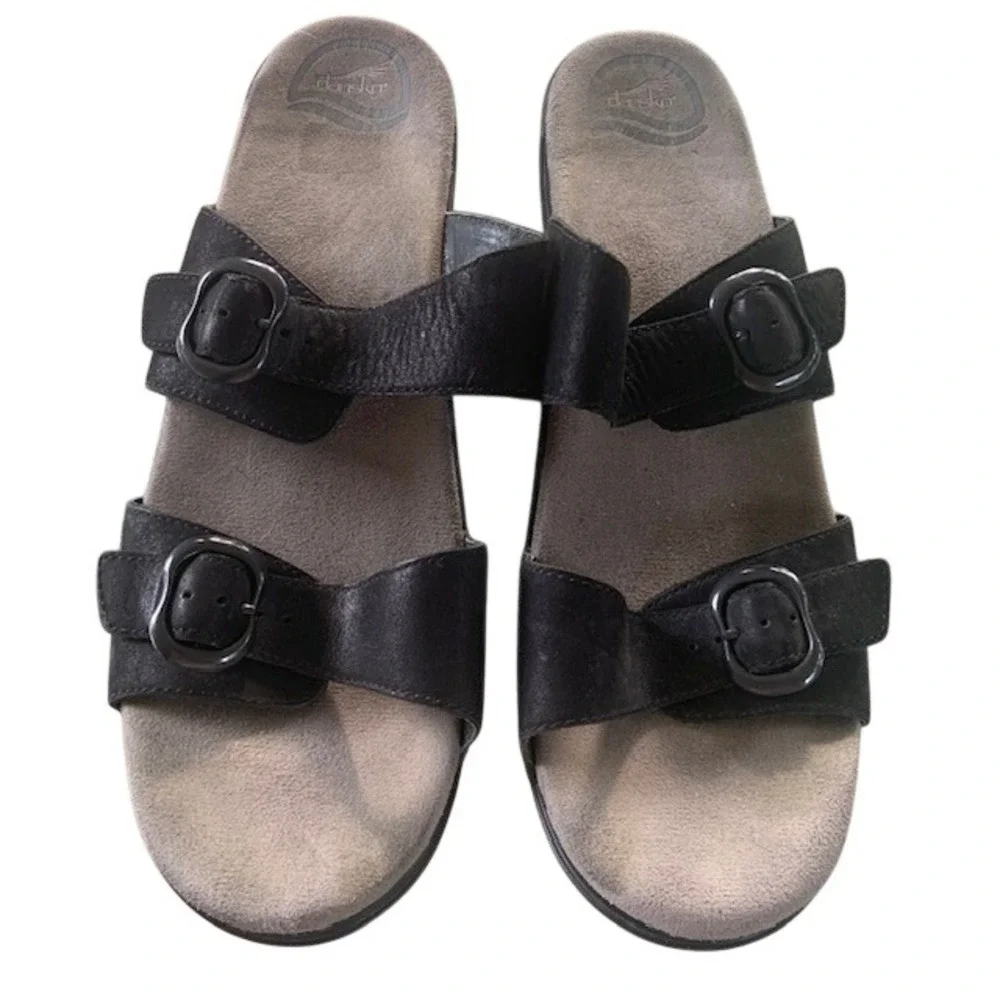 Dansko Leather Double Strap Comfort Slide Sandals Black Wedge EU 43 Clogs